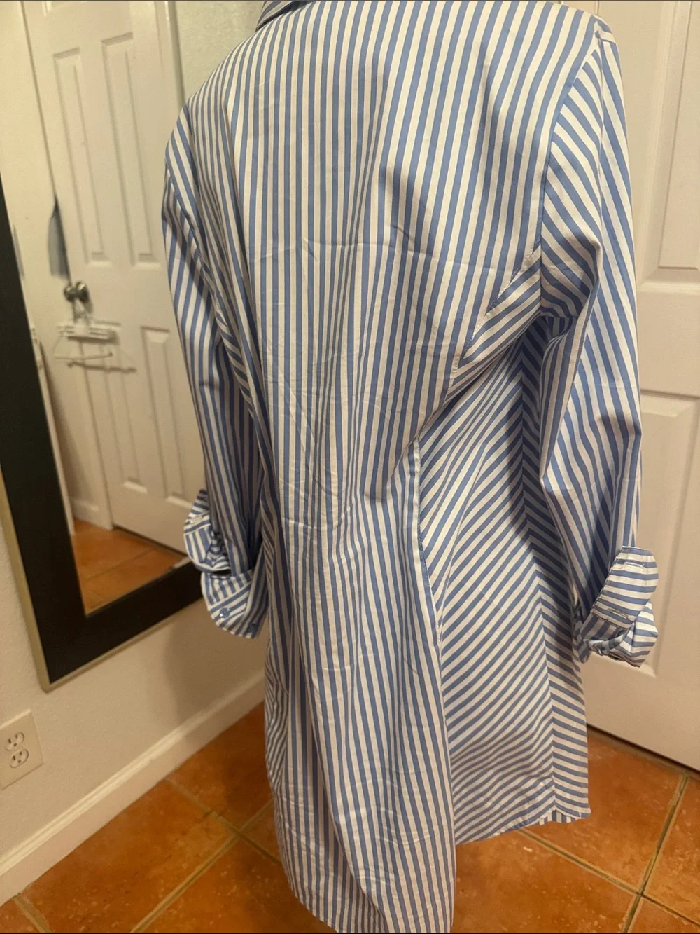 CAbi Blue and White Long-Sleeve Striped Shirt Dress